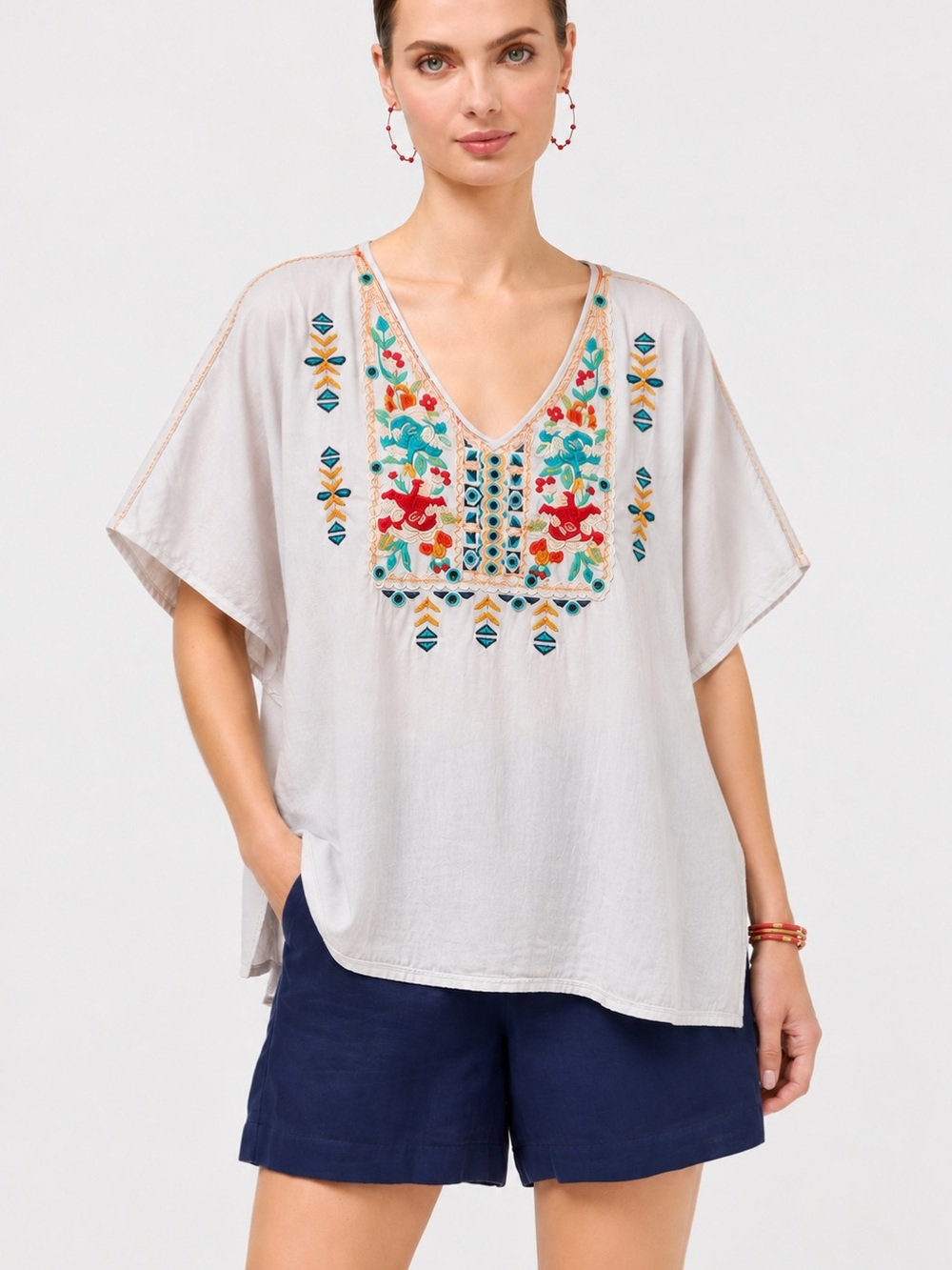 Johnny Was Light Gray Embroidered V-Neck Cotton Oversized Poncho Style Shirt Top